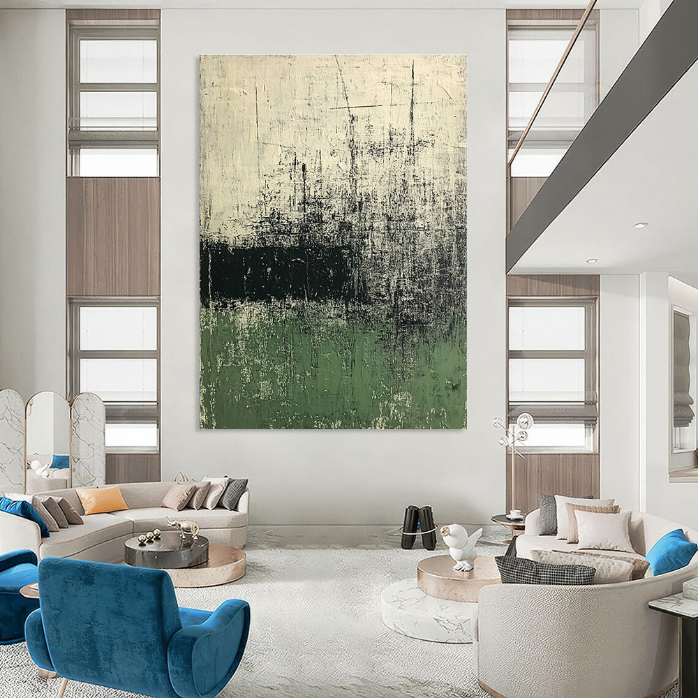 Large abstract painting in green and white tones with dark gray texture on old paper background evokes calmness and mystery through eroded and cracked surfaces.STSC423