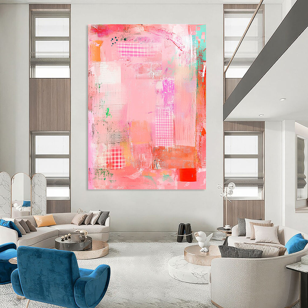 Large abstract painting featuring a pink background with whimsical patterns soft textures and a playful border creating a sense of artistic freedom.STSC830