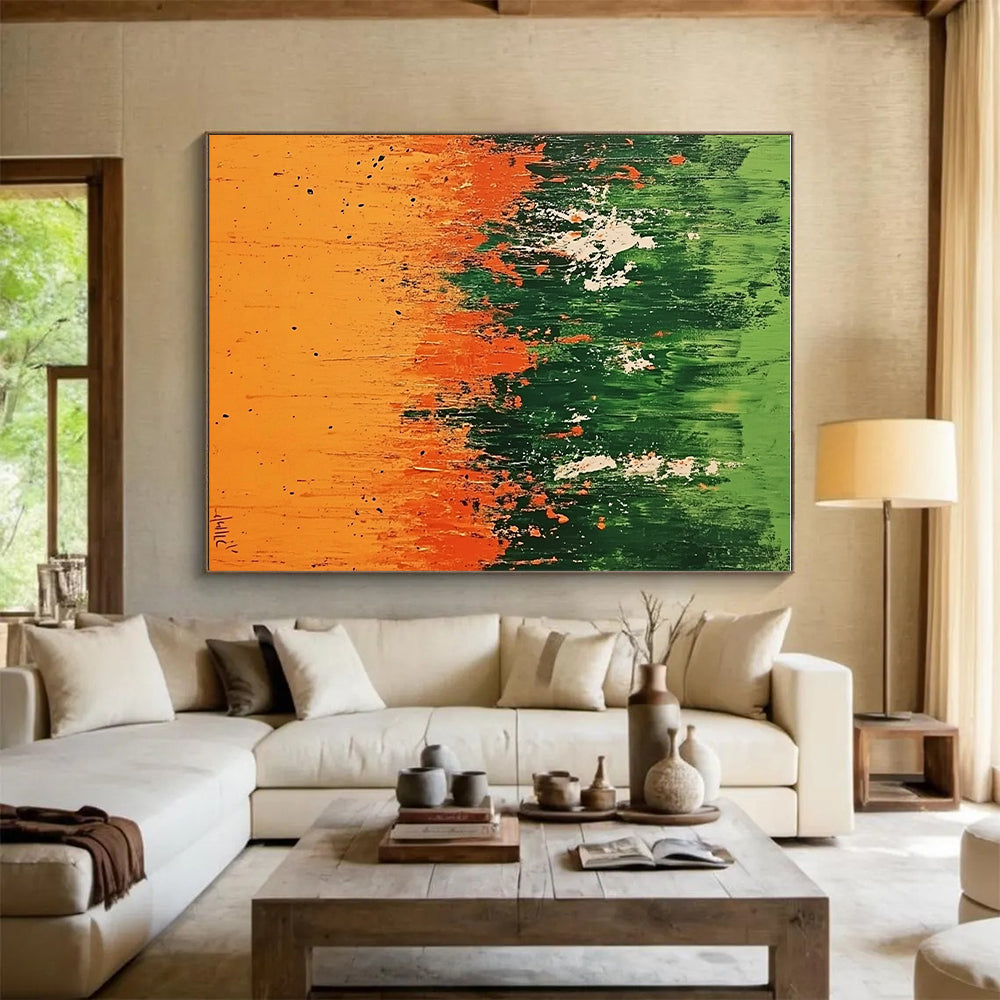 Green Orange Abstract Painting with Dripping Effects GER491