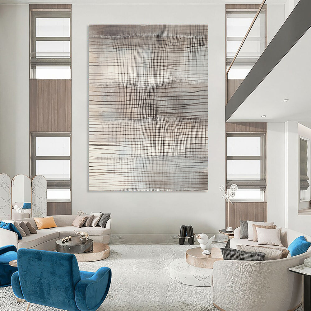 Large abstract painting with gray and white lines featuring textured patterns and horizontal stripes resembling undulating hills or mountains with dark contrasting shadows.STSC1439