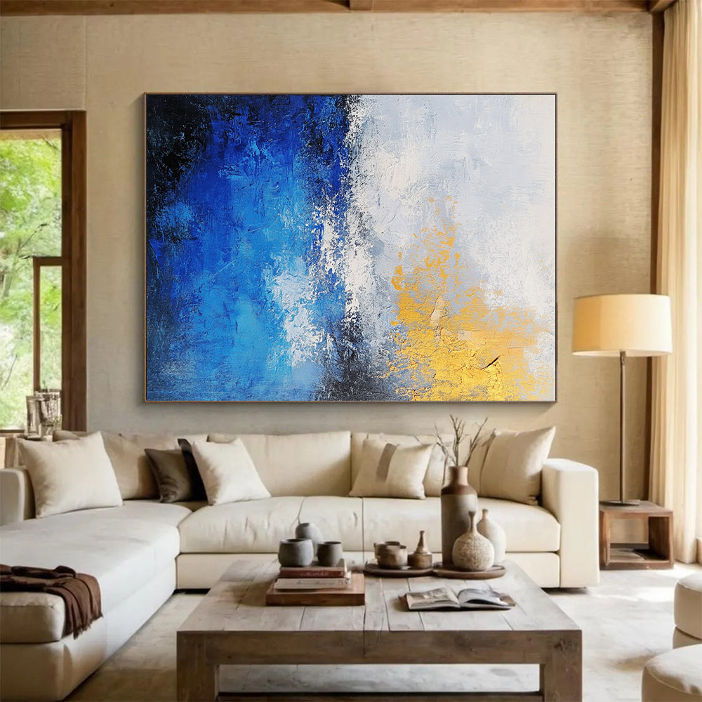 Gold - Accented Blue and White Abstract Painting GER310