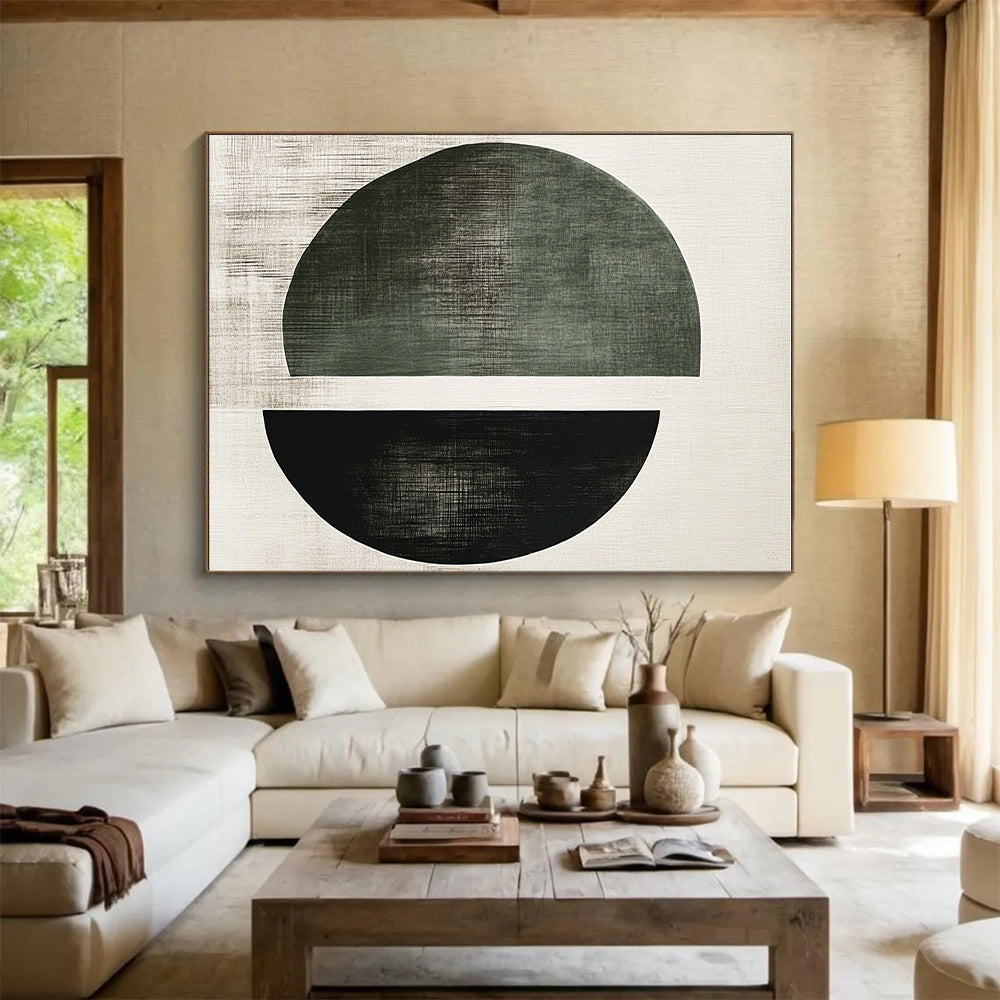 Green and Black Circular Abstract Painting with Geometric Simplicity GER131