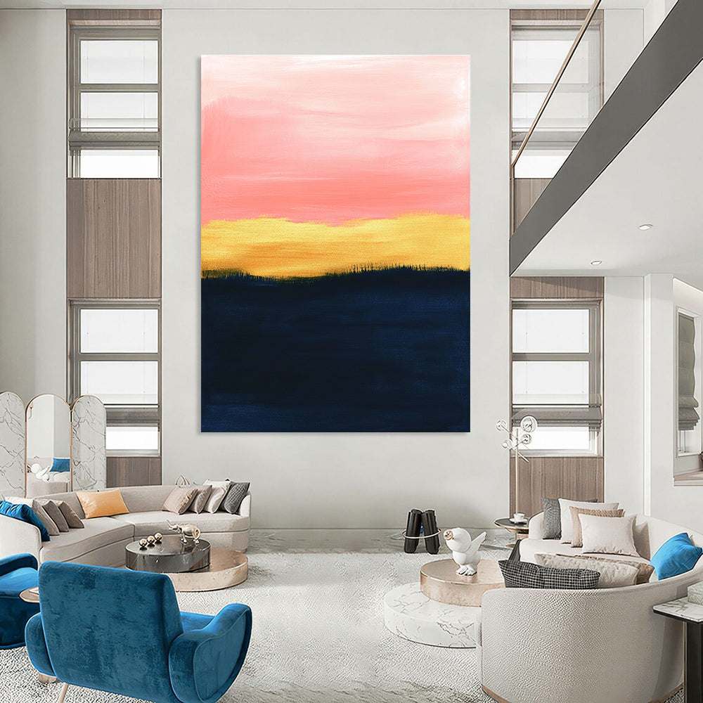 Large abstract painting with a pink sky navy blue ground and golden brown grass featuring soft pastel colors and minimalist design in oil on canvas.STSC1345