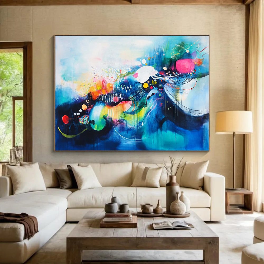 Colorful Blue Abstract Painting with Whimsical Elements DYP383