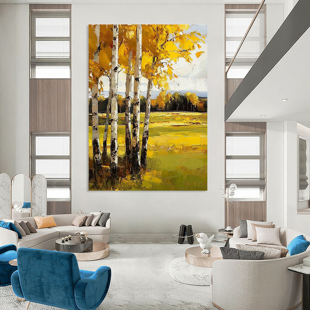 Abstract painting featuring yellow birch trees vibrant autumn colors textured depth and realistic detail in a captivating landscape setting.STSC1015