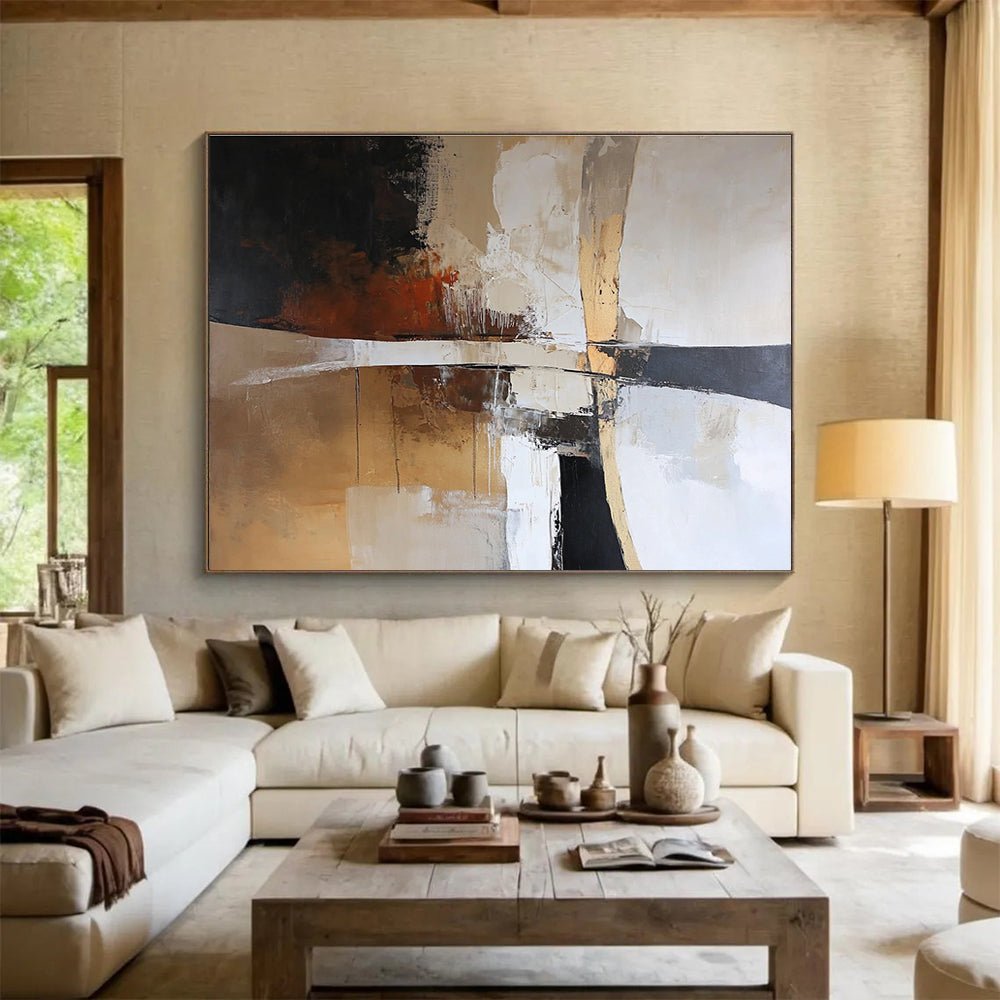 A large abstract painting featuring earth tones of white brown beige and black creating a harmonious and serene atmosphere.SC328