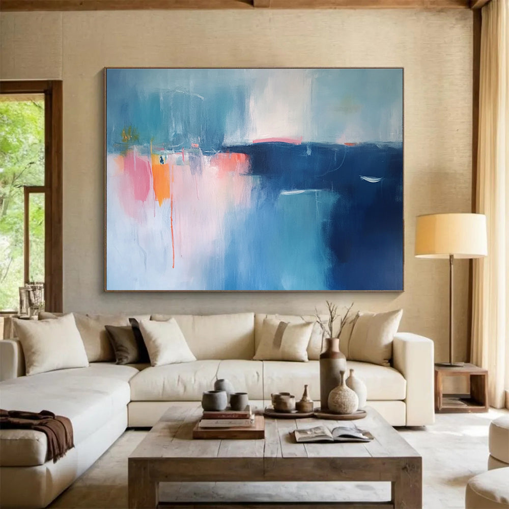 Large abstract painting featuring serene blue and pink tones with blurred edges and distant boats, evoking a minimalist coastal atmosphere.SC063