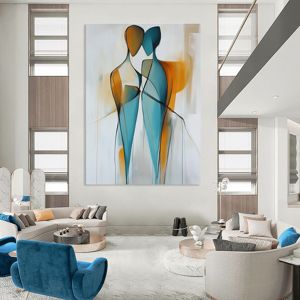 Large abstract painting featuring two figures in light blue and amber hues with smooth lines and golden details on a light gray background.STSC714