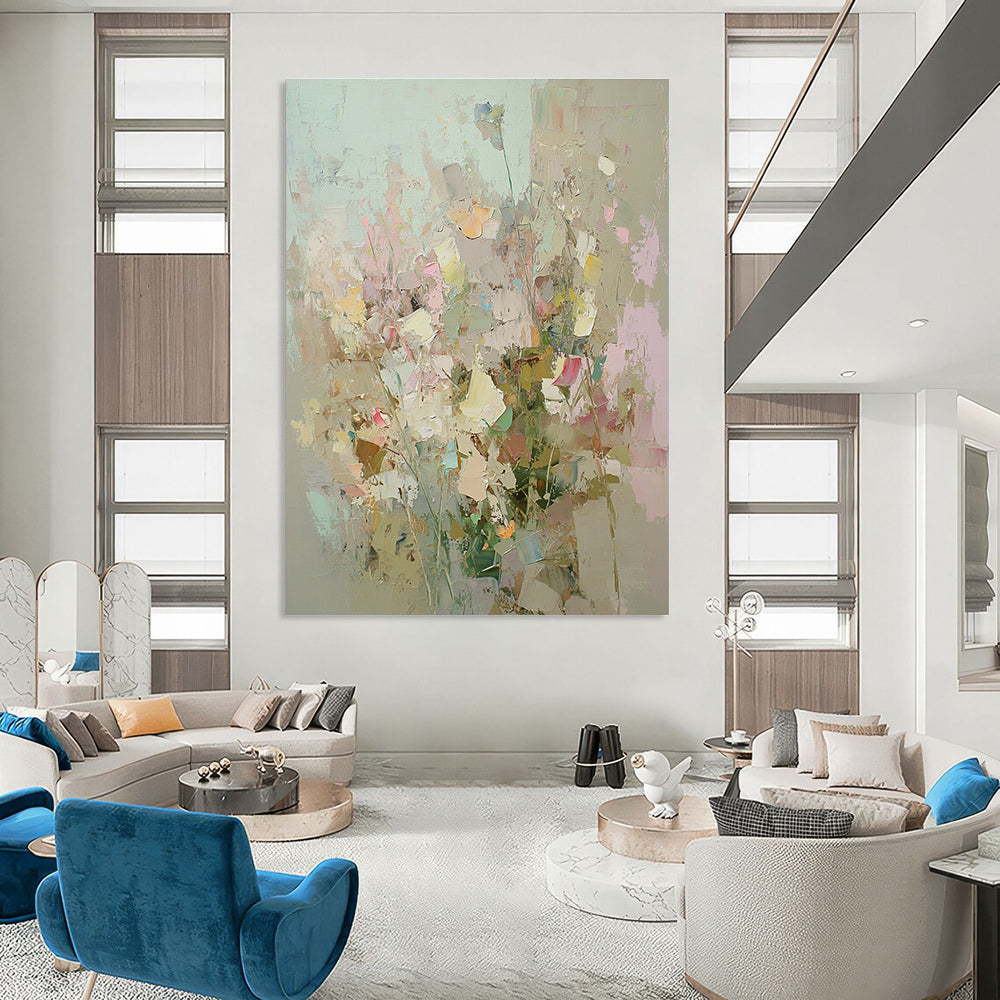Large abstract painting of an overgrown garden with soft pastel colors and thick brushstrokes inspired by Peter Wileman and Cecily Brown.STSC588
