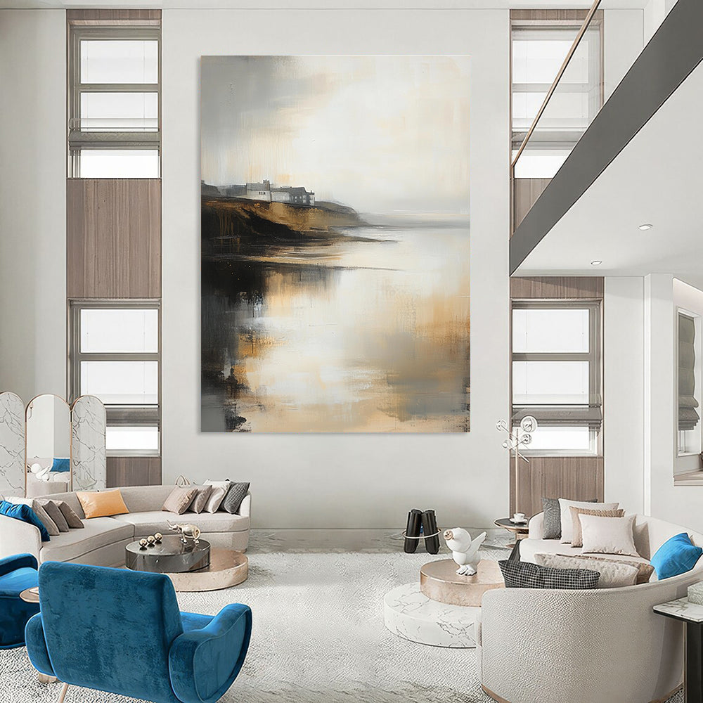 Large abstract oil painting of a misty coastal landscape in neutral tones with subtle gold highlights and low contrast colors.STSC589