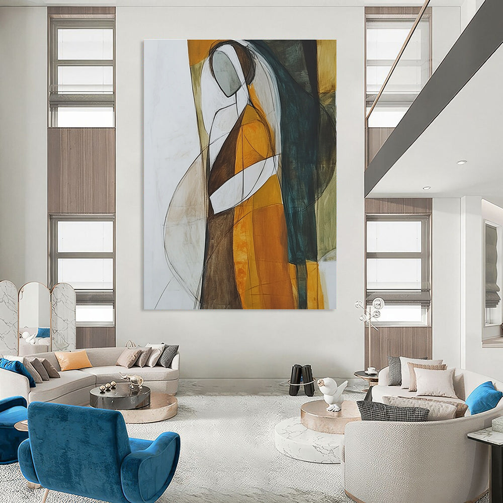 Abstract painting featuring a woman in a brown and orange dress with a white veil showcasing minimalism and surrealism in muted tones and negative space.STSC298