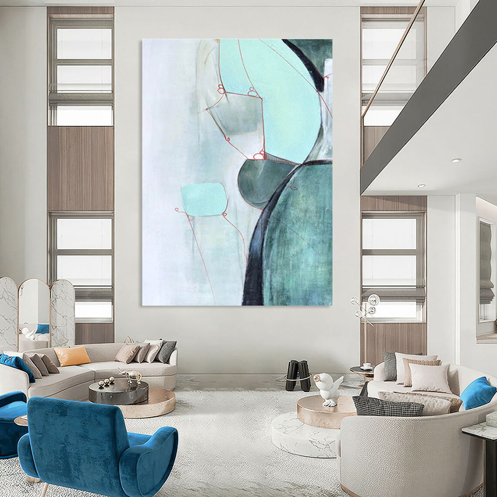 Mint Green and Red Line Abstract Painting ADGE250
