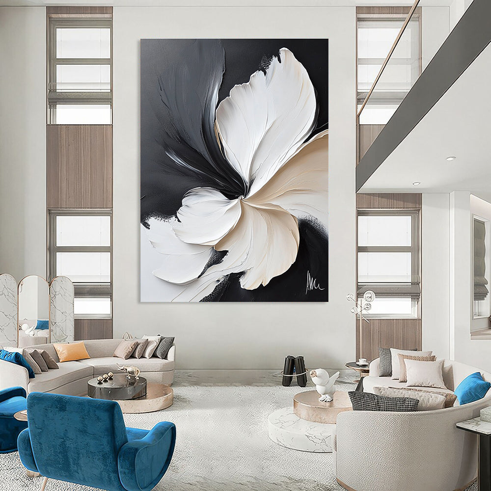 Large abstract painting featuring white flowers on a black background with meticulous brushwork and delicate textures in flowing organic shapes.STSC514
