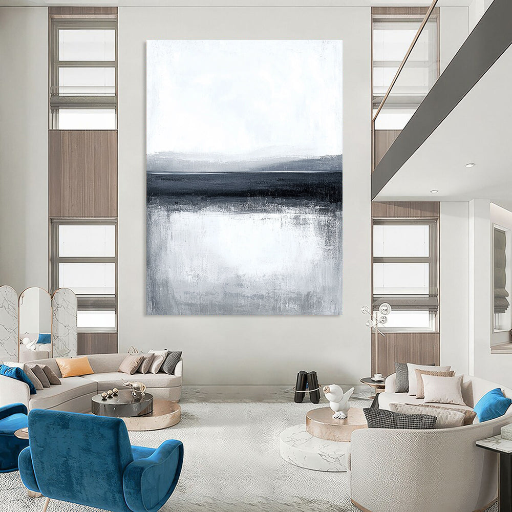 Large abstract painting featuring a serene water landscape with a gray sky and subtle brush strokes creating a calm minimalist design.STSC124