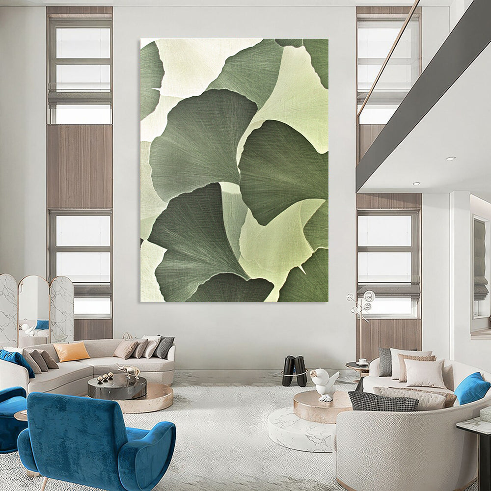 Large abstract painting featuring ginkgo leaves in strong geometric elements with silk-like texture and high-definition detail on a light green and white background.STSC942