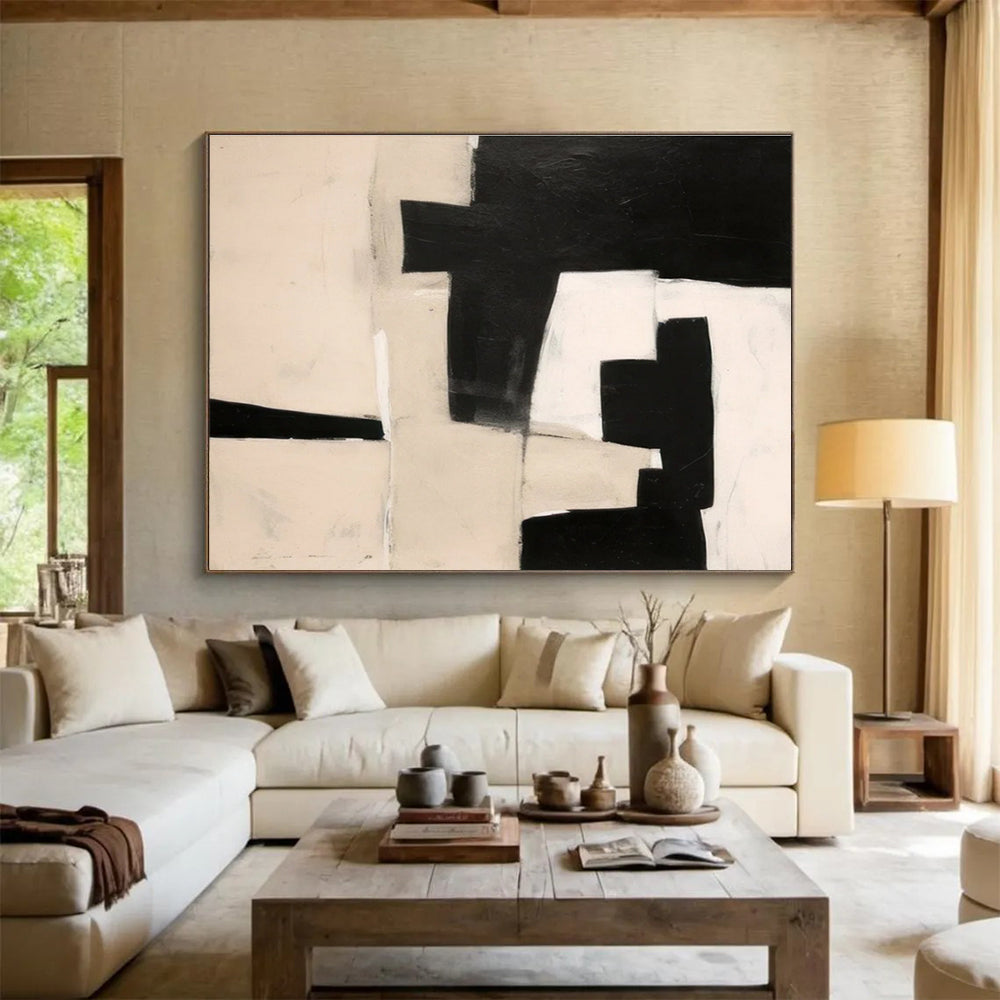 Black White Beige Geometric Abstract Painting THY070