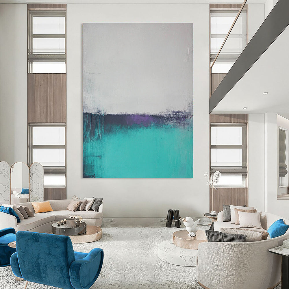 Large abstract oil painting of a misty teal and gray ocean with muted colors and low contrast, creating a serene atmosphere.STSC590