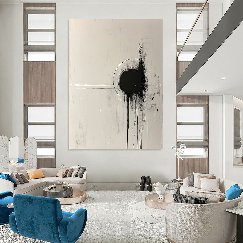 Large abstract painting with white background black lines paint drips central circle and expressive brush strokes emphasizing negative space.STSC568