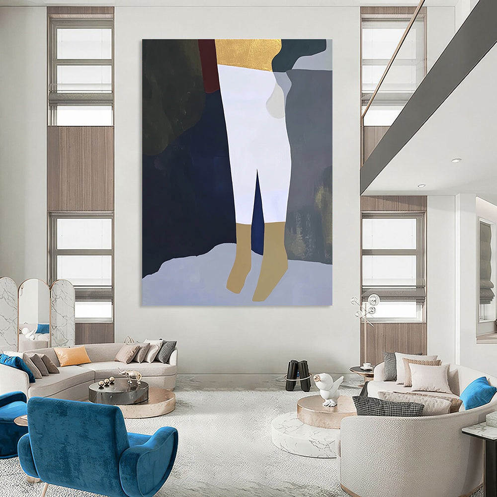 A large abstract painting featuring a close-up of a leg in white trousers and gold socks on a dark grey background in soft colors.STSC960