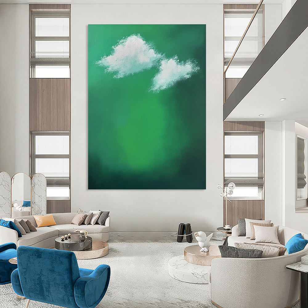 Large abstract painting featuring a green background with white clouds and sunlight effects evokes tranquility and calmness through minimalist brushstrokes.STSC1008