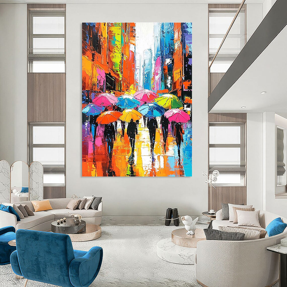 Large abstract painting depicting vibrant city streets with people under colorful umbrellas and skyscrapers emphasizing expressive faces and dynamic brushstrokes.STSC849
