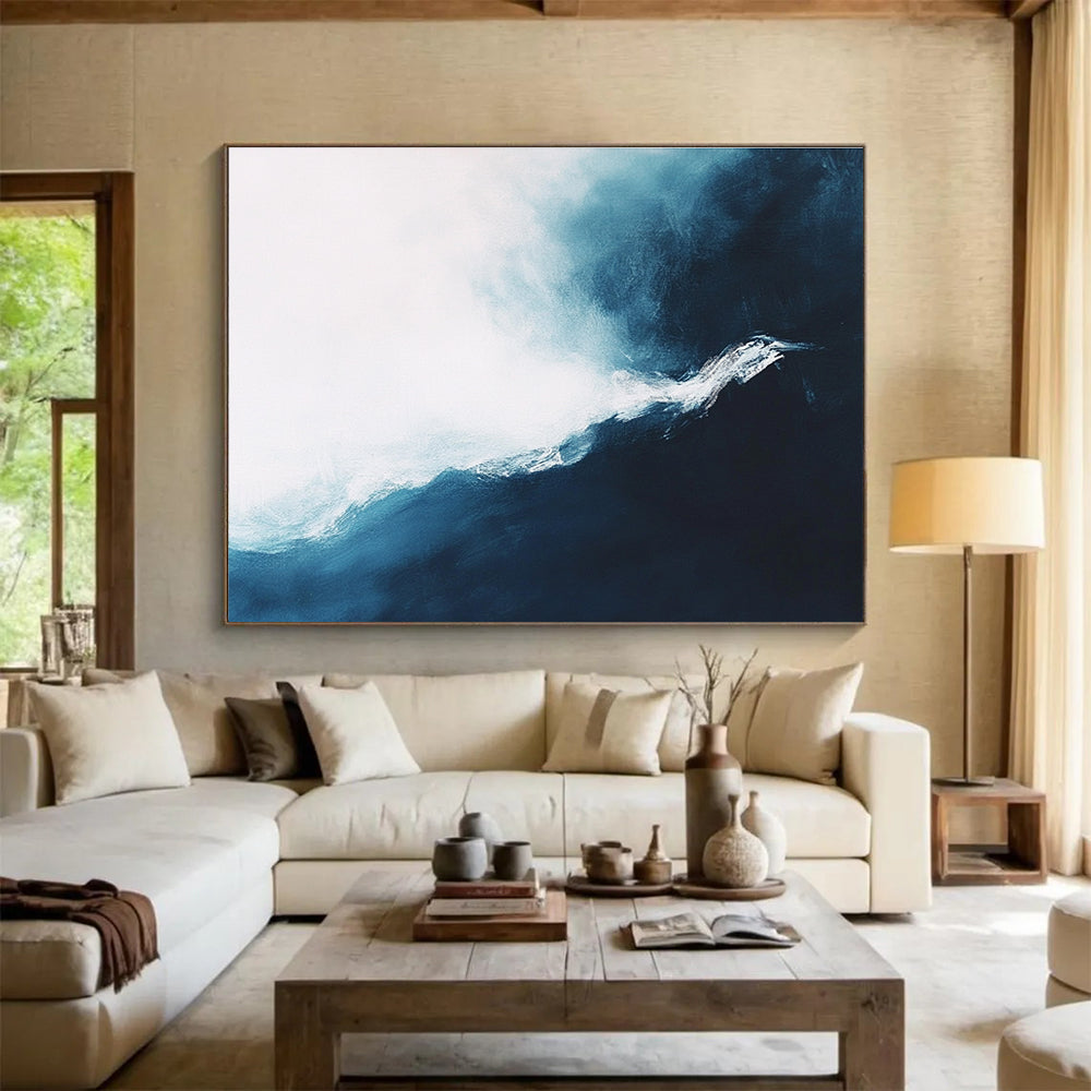 Blue and White Wave Abstract Painting with Dynamic Brushstrokes DYP338