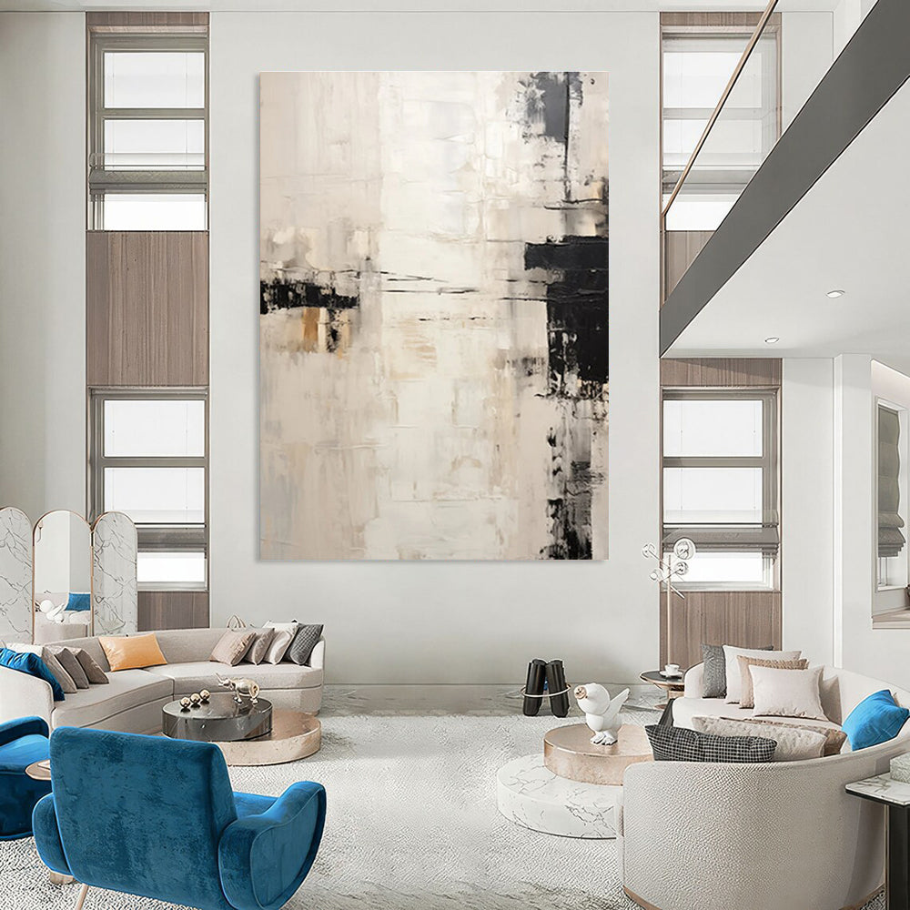 Monochromatic Minimalist Abstract Painting with Black and Beige ADGE131
