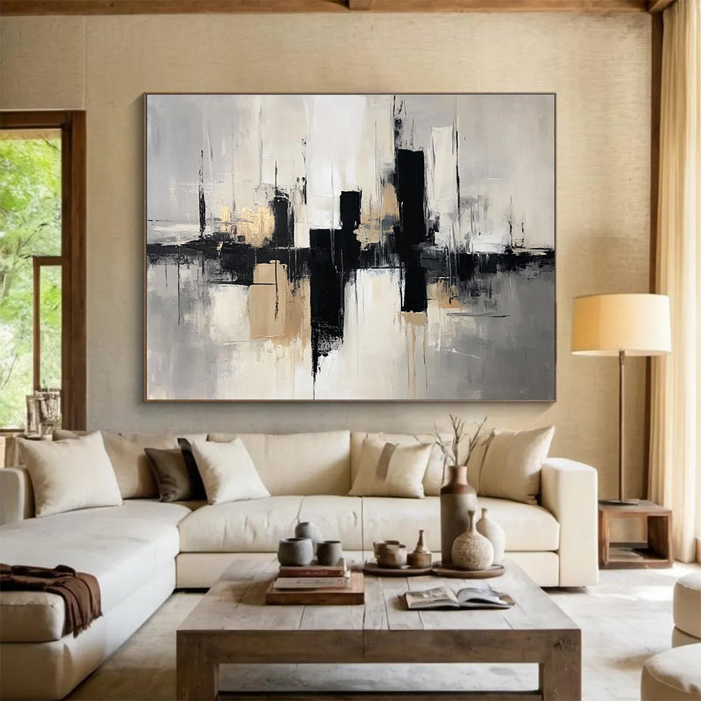 Grey Black and Gold City Abstract Painting with Reflection Details DYP178