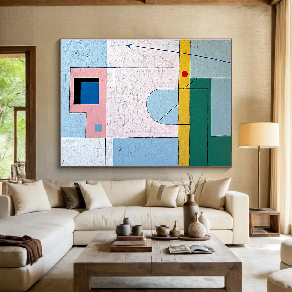 A large abstract painting featuring geometric pastel shapes, a small window, a door, and a downward arrow, evoking tranquility and creativity.SC491