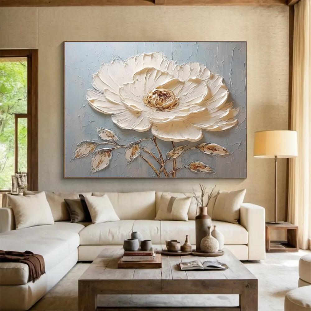 Single White Flower Abstract Painting with White, Brown, and Blue Tones THY175
