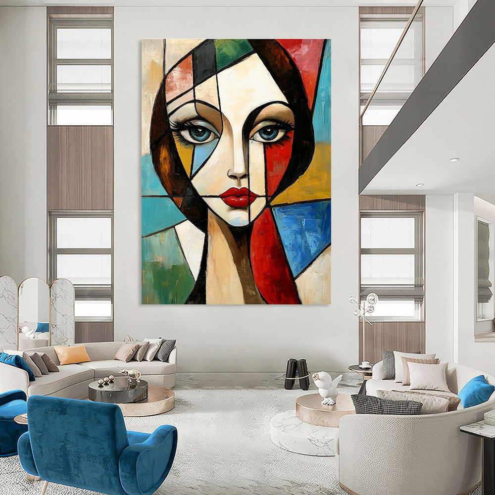 Large abstract painting in Cubism style features a geometric portrait of a woman with vibrant colors and dynamic patterns in the background.STSC1376