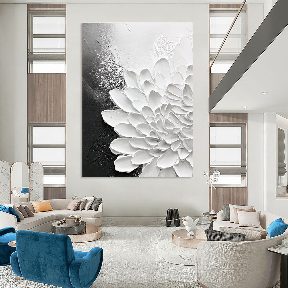 Large abstract painting of chrysanthemum on textured canvas with black and gray background featuring stunning close-up details.STSC518