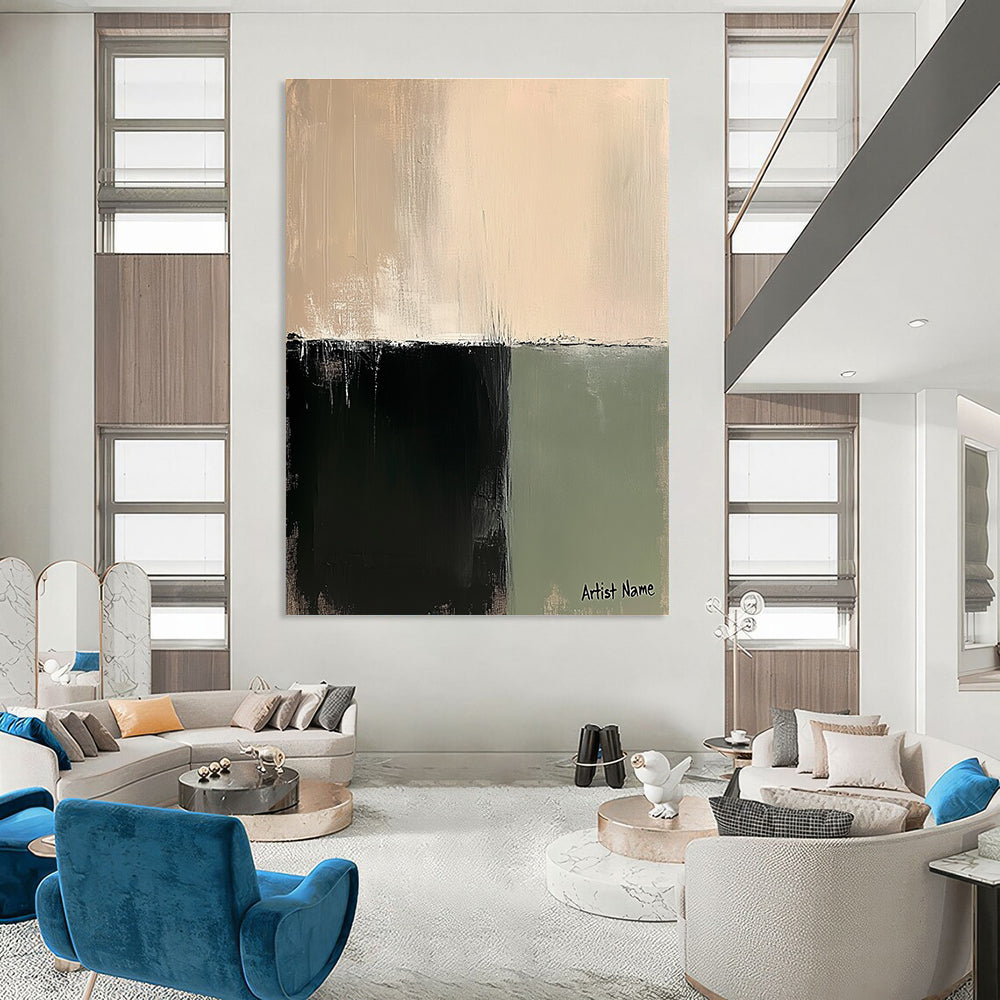 Large abstract painting in sage green and beige with soft brushstrokes creating a tranquil minimalist composition on linen.STSC1071