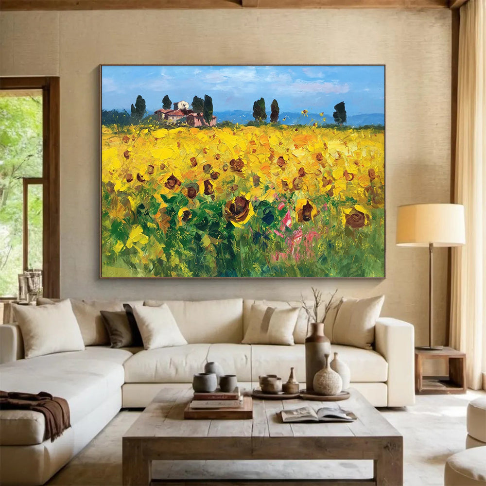 Yellow Green Sunflower Field Abstract Painting THY461
