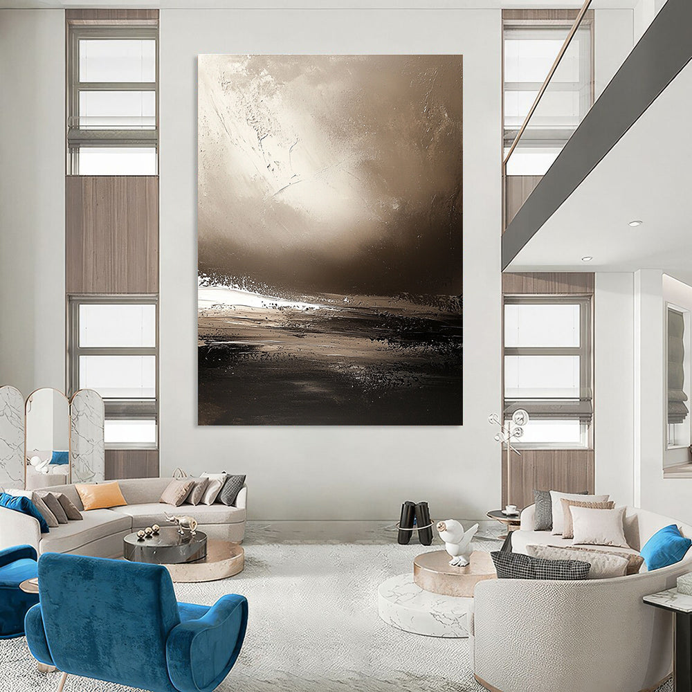 Large abstract painting showcasing Earth's horizon in sepia tones with textured brushstrokes creating a calming atmosphere and distant landscapes.STSC646