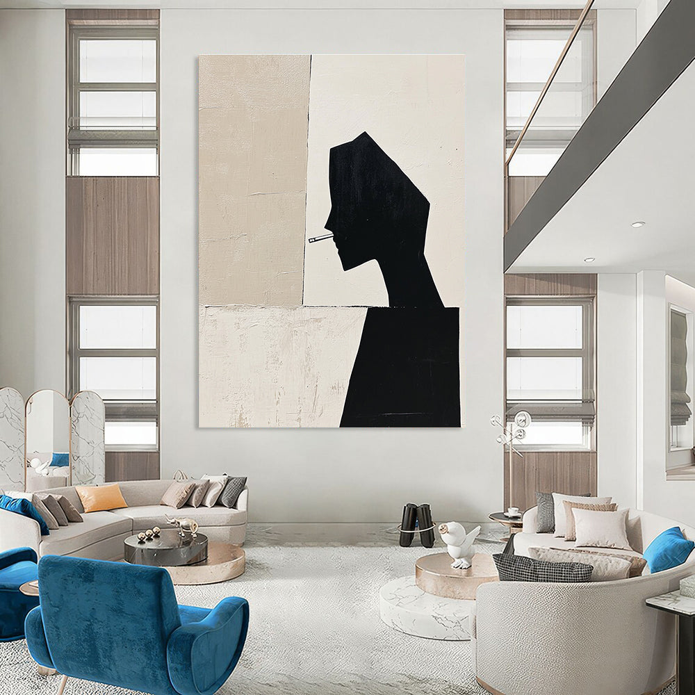 Large abstract painting featuring a black silhouette of a woman's body in profile with geometric shapes and minimalistic deconstructed tailoring in a monochromatic palette.STSC1486