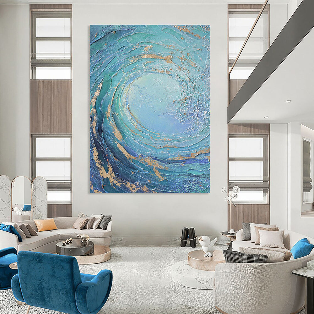 Blue and Gold Swirl Abstract Painting with Textured Layers ADGE332