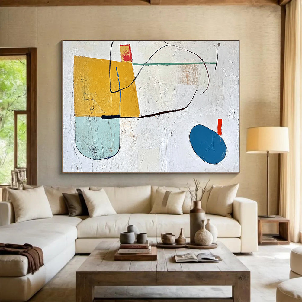 A large abstract painting featuring a yellow block, blue oval line, and colorful shapes on a textured white background.SC298