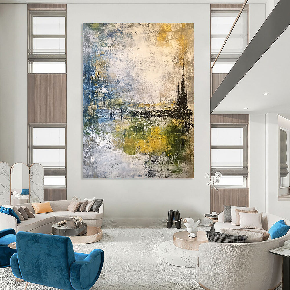 Large abstract painting featuring a misty sky and landscape in muted gray blue green and yellow-brown tones using mixed media techniques.STSC210