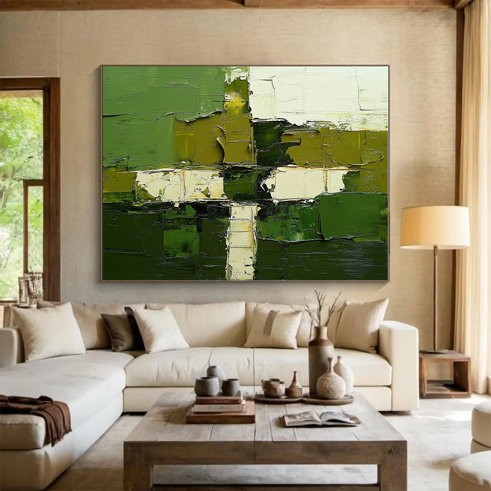 Green and White Abstract Painting with Patchwork Textures GER606