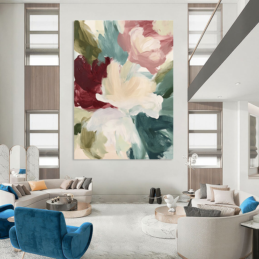 Large abstract floral painting in soft creams and sage greens with large brush strokes of maroon navy blue and minty pink for a serene garden view.STSC558