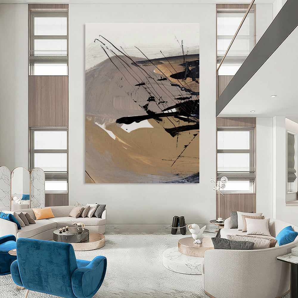 Earth - toned Abstract with Dynamic Black Lines Painting ADGE201