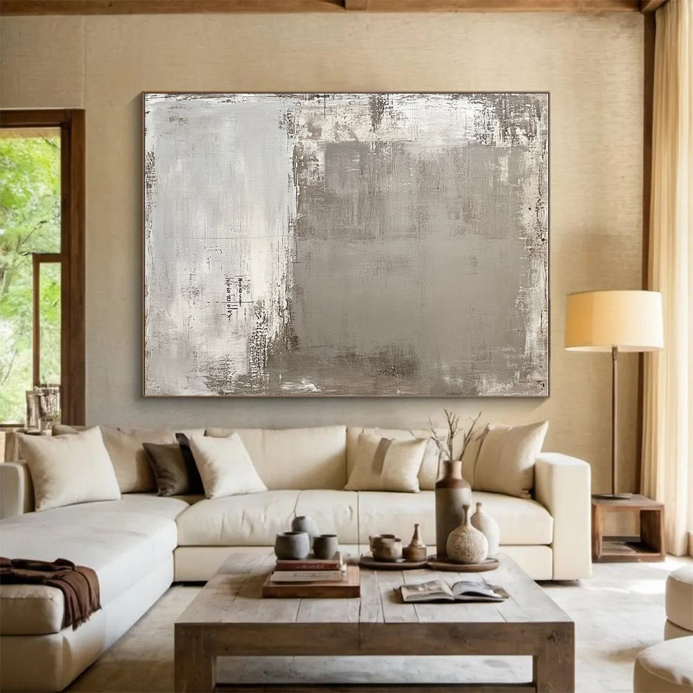 Gray and White Textured Abstract Painting with Layered Brushstrokes GER006