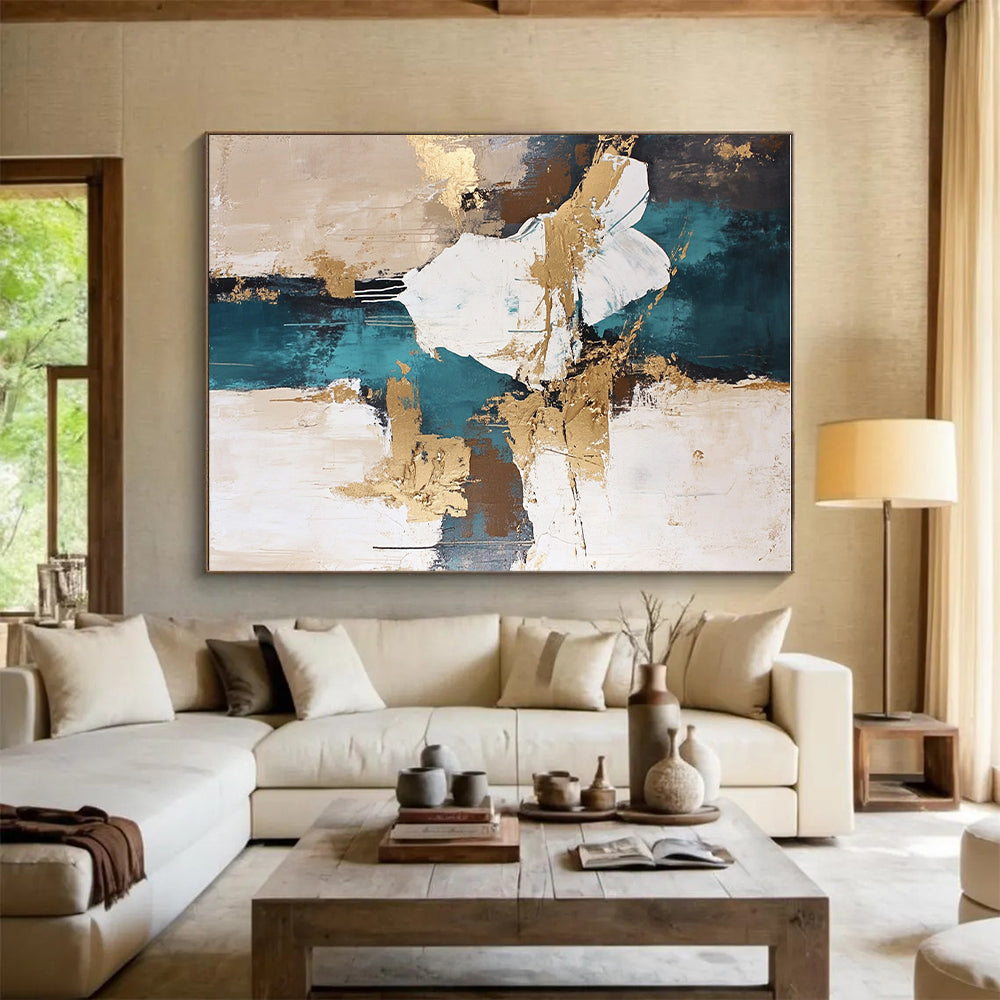 Teal and Gold Abstract Painting with Fluid Shapes GER447