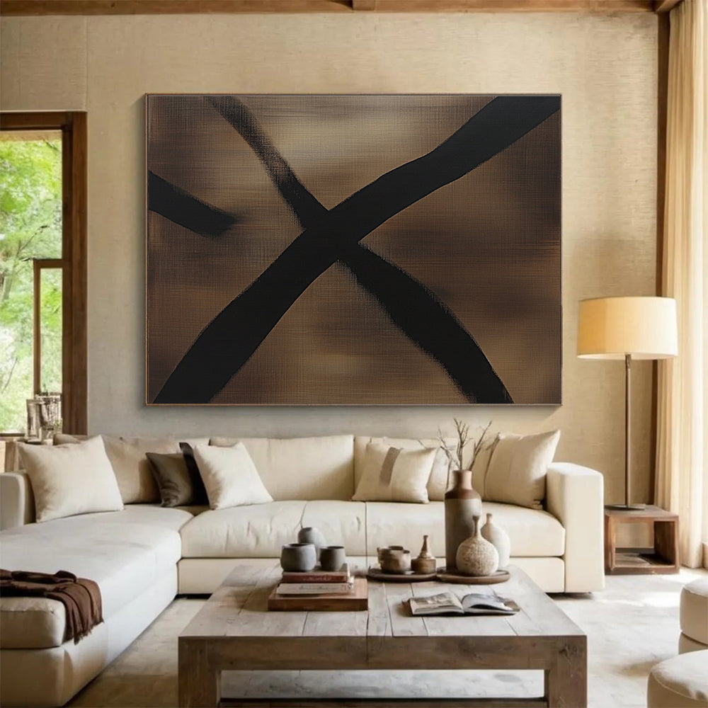 An abstract painting featuring dark brown and black lines with dragonfly wing shadows, minimalist style, monochromatic color scheme, oil painting effect.SC349
