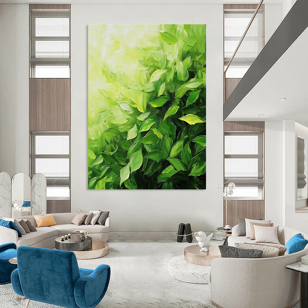 A large abstract painting of lush green tea leaves with thick brush strokes showcasing vibrant colors and dynamic composition.STSC1051