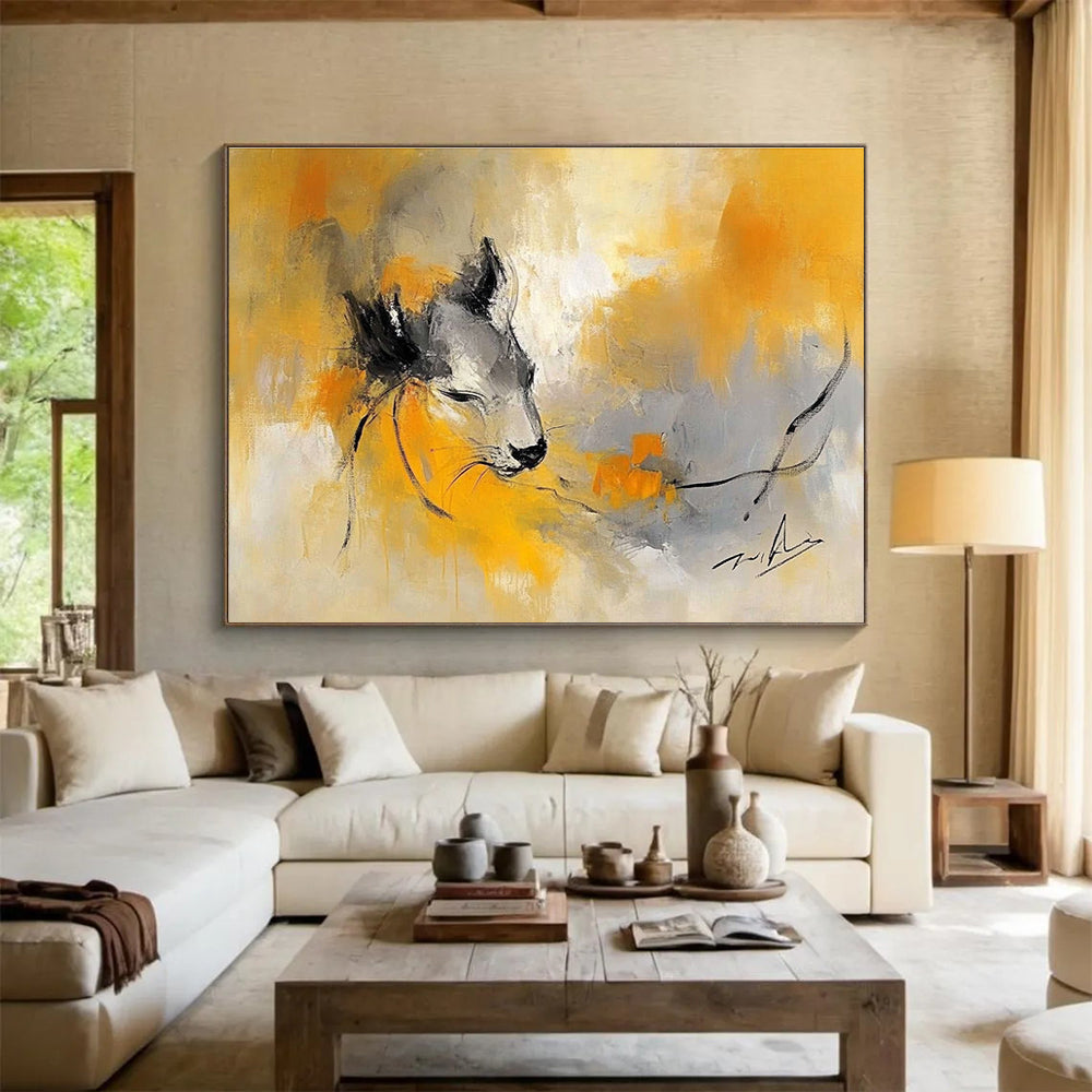 A large abstract painting featuring an animal in shades of yellow and gray, blending the styles of Zao Wou-Ki and Pablo Picasso.SC335