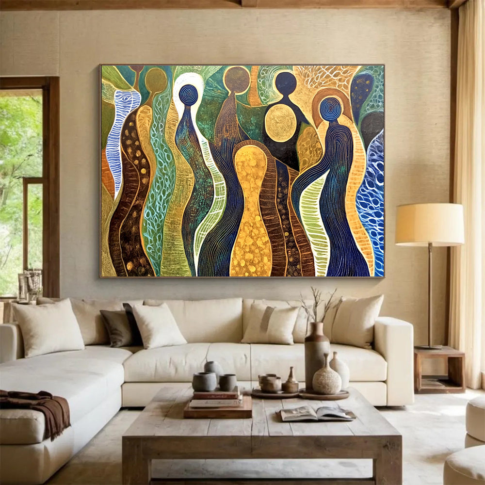 Abstract Figure Forms Painting with Earthy and Blue Tones DYP578