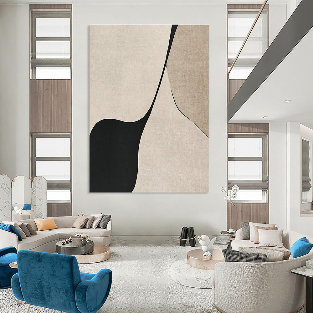 Bold abstract art featuring black lines on a beige background showcasing the elegant simplicity of the female form through simple shapes and curves.STSC1324
