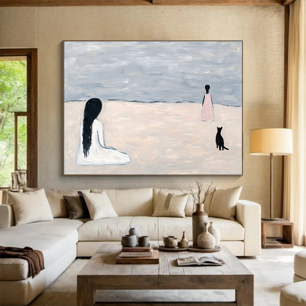 An abstract painting featuring light grey sand dunes and ocean waves with figures and a black cat walking away, evoking serene beach vibes.SC468